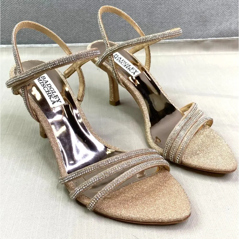 NWB Badgley Mischka Dessa Strass Ankle-Grip Sandals, Platino Gold, Sz 6.5
